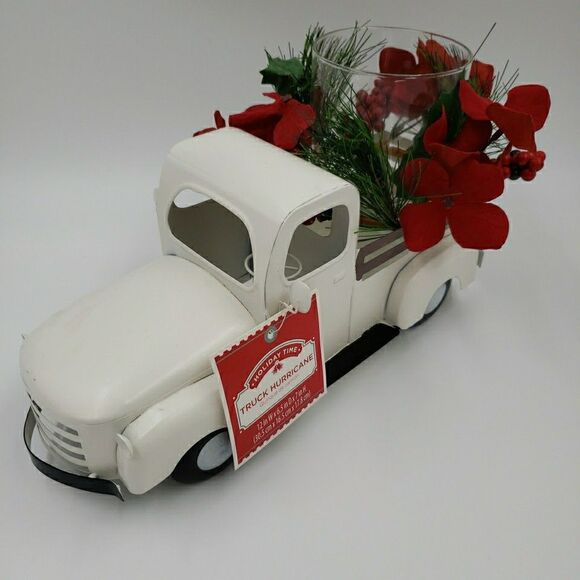 White Metal Christmas Truck Farmhouse Rustic Hurricane Candle Holder Table Decor - Picture 2 of 16
